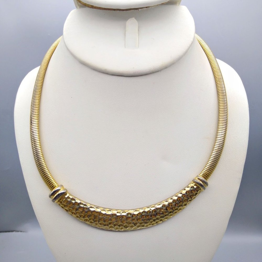 Vintage Bib Collar Necklace with Hammered Bar, Gold Tone Radiator Hose Chain